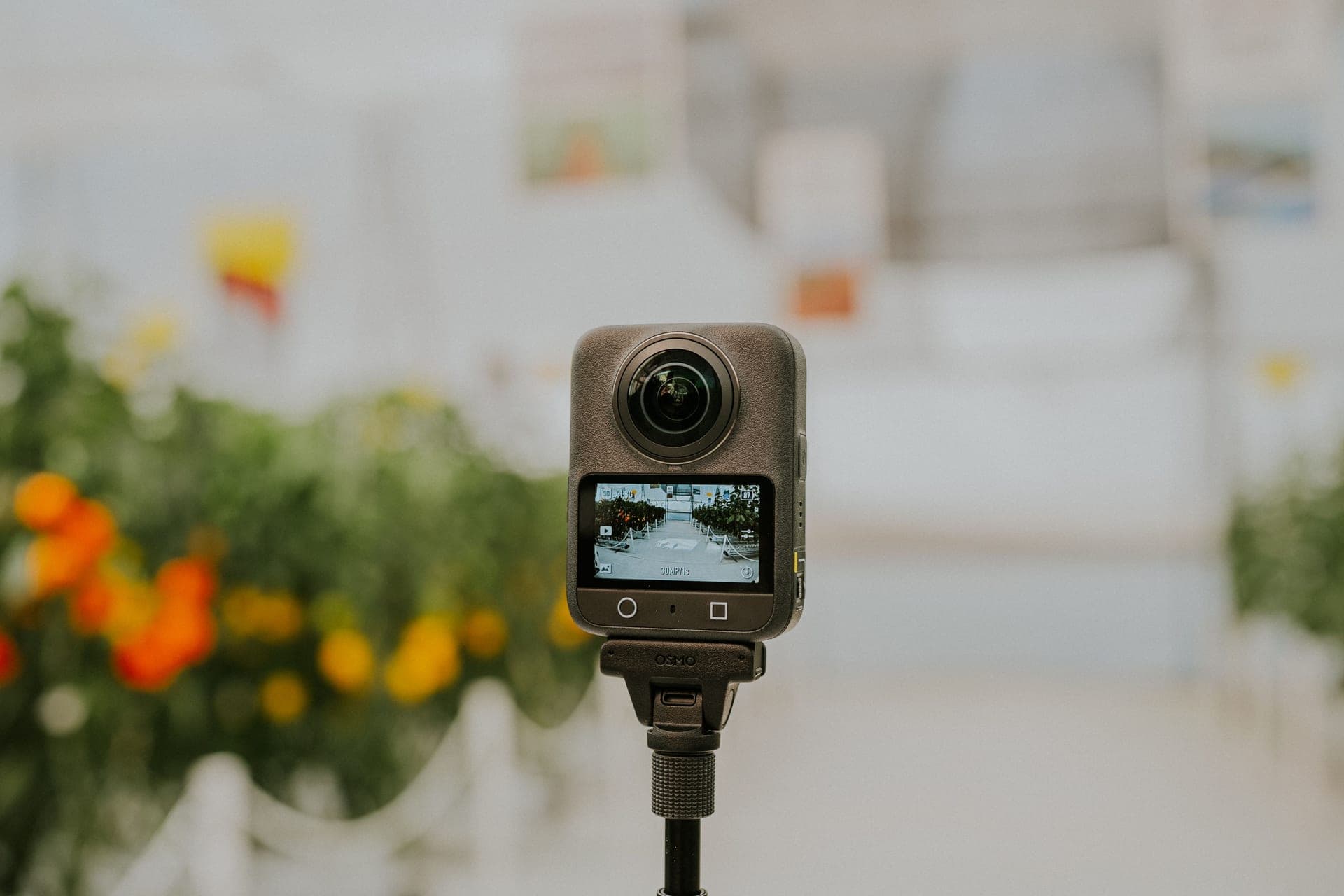 A 360-degree camera photographed in a greenhouse