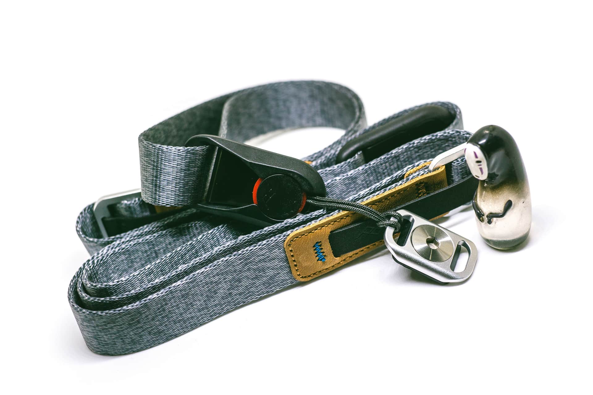 A camera strap with metal clips
